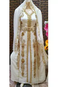 White Zari Stone Work Georgette Islamic Style Beads Embedded Partywear Kaftan Long Gown Evening wear Dubai kaftan