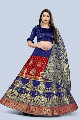 Mameraa Red Jacquard Silk Semi-stitched Lehenga Choli 1