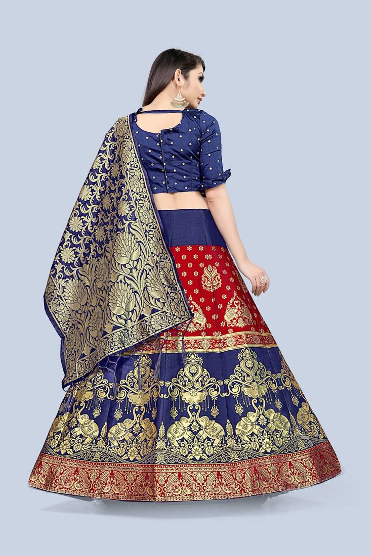 Mameraa Red Jacquard Silk Semi-stitched Lehenga Choli