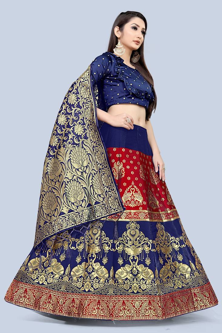Mameraa Red Jacquard Silk Semi-stitched Lehenga Choli