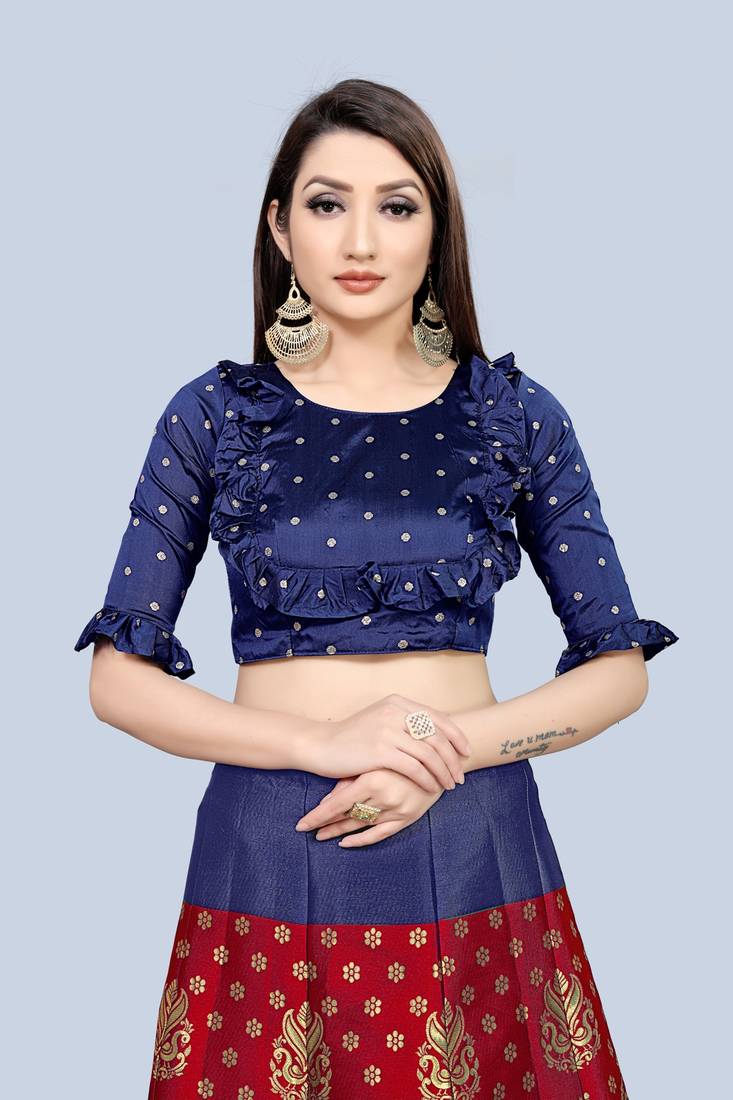 Mameraa Red Jacquard Silk Semi-stitched Lehenga Choli