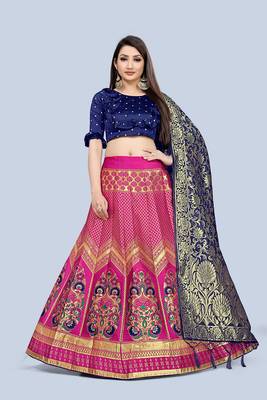 Mameraa Pink Jacquard Silk Semi-stitched Lehenga Choli 1