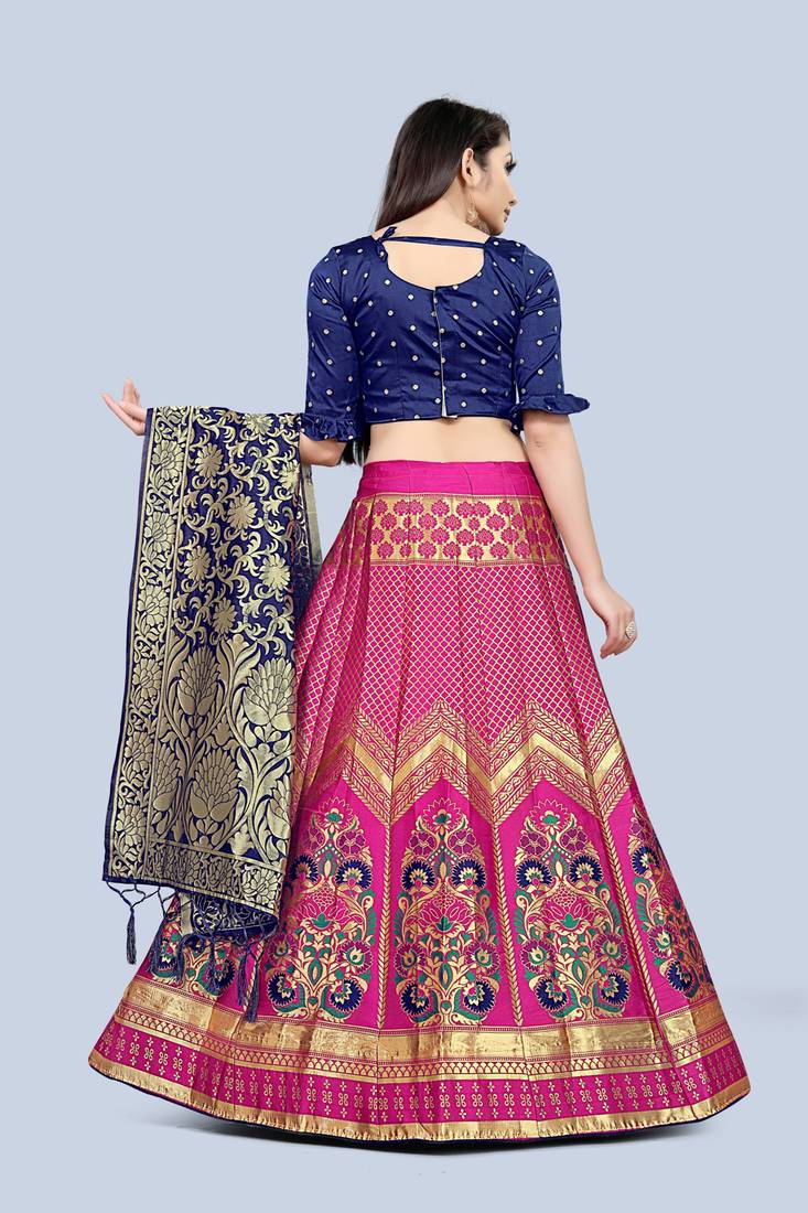 Mameraa Pink Jacquard Silk Semi-stitched Lehenga Choli