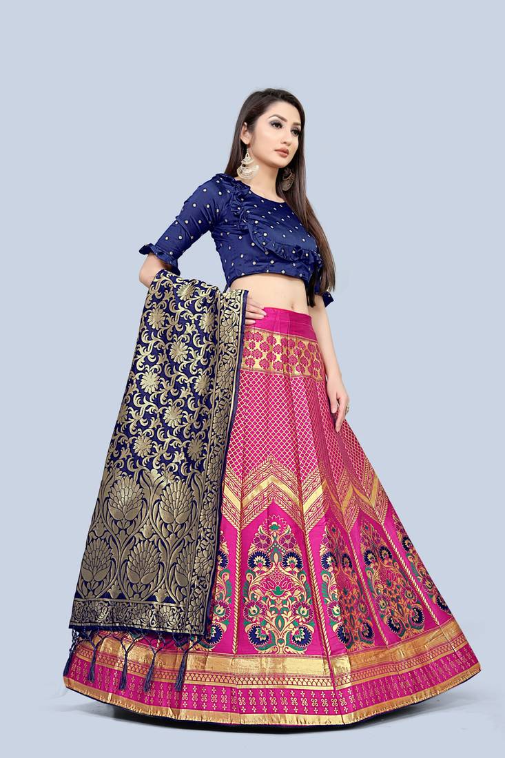 Mameraa Pink Jacquard Silk Semi-stitched Lehenga Choli