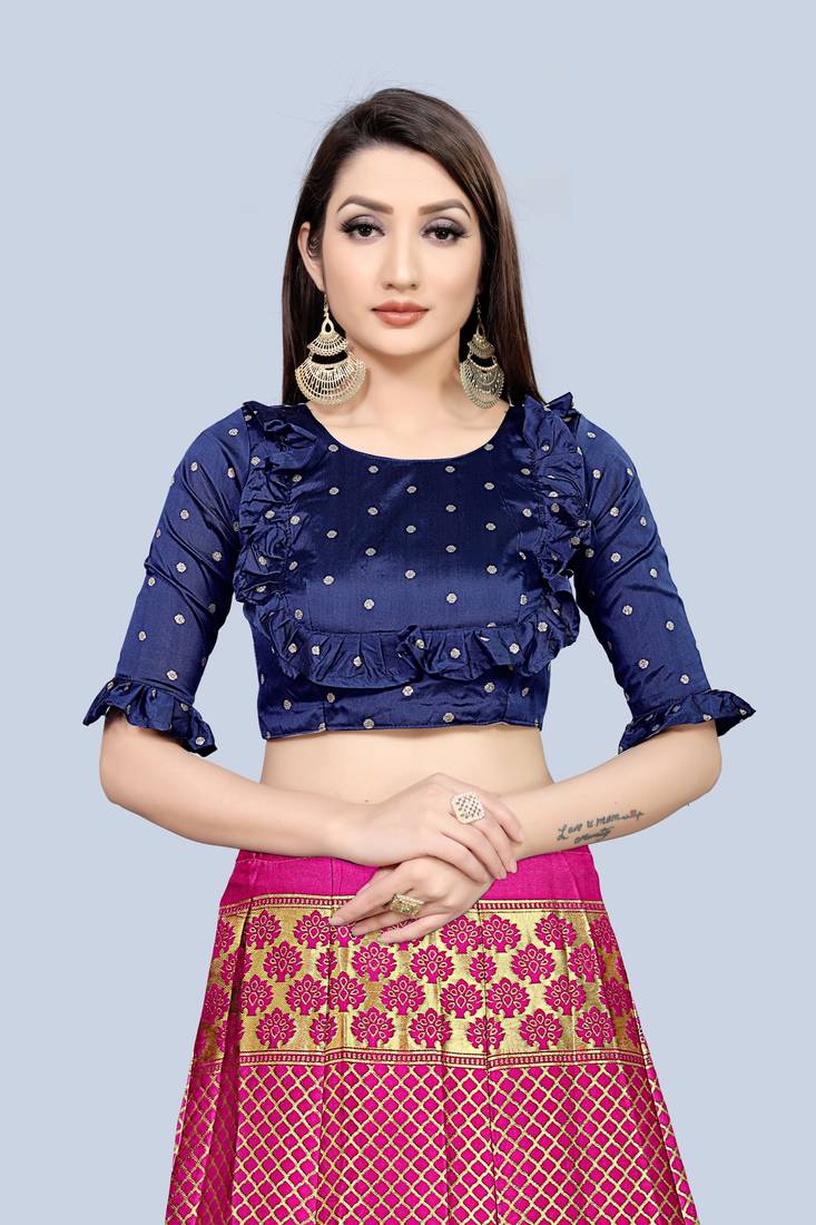Mameraa Pink Jacquard Silk Semi-stitched Lehenga Choli