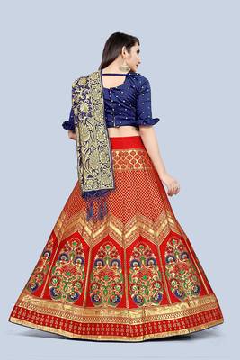 Mameraa Red Jacquard Silk Semi-stitched Lehenga Choli 2