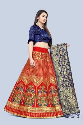 Mameraa Red Jacquard Silk Semi-stitched Lehenga Choli 3