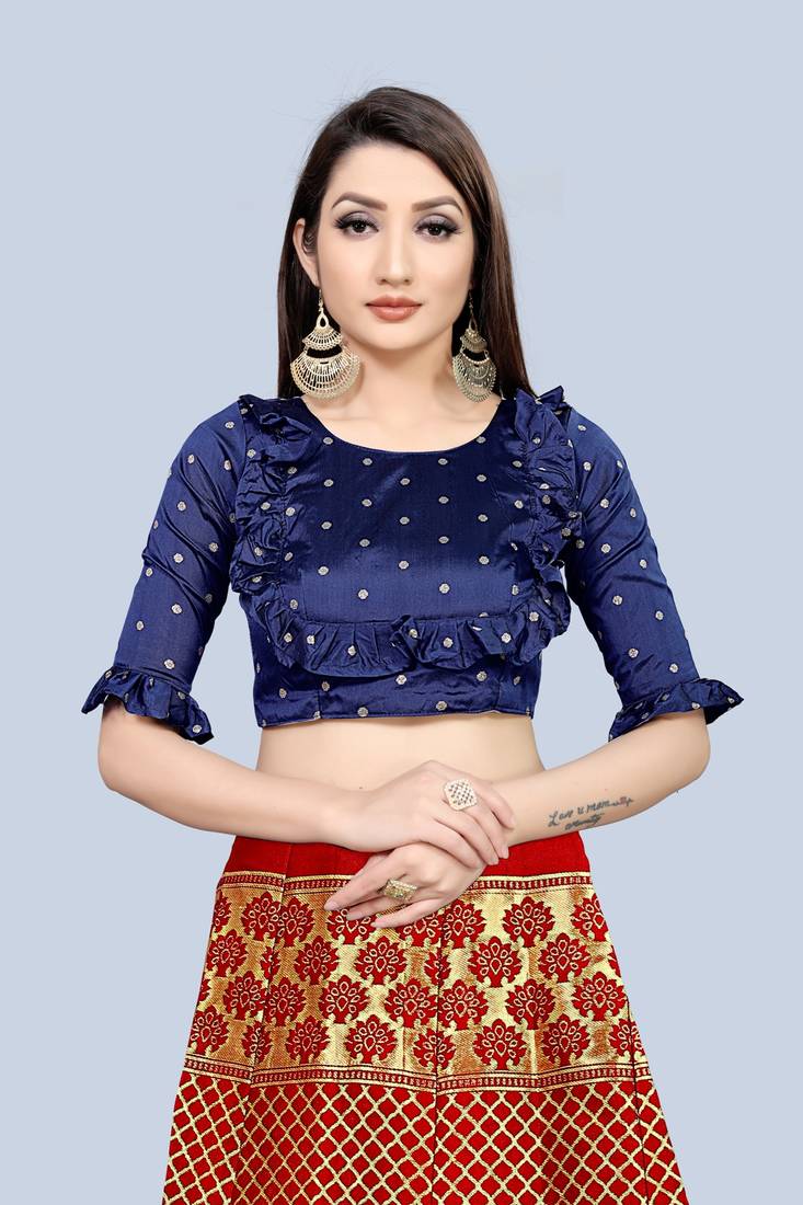 Mameraa Red Jacquard Silk Semi-stitched Lehenga Choli