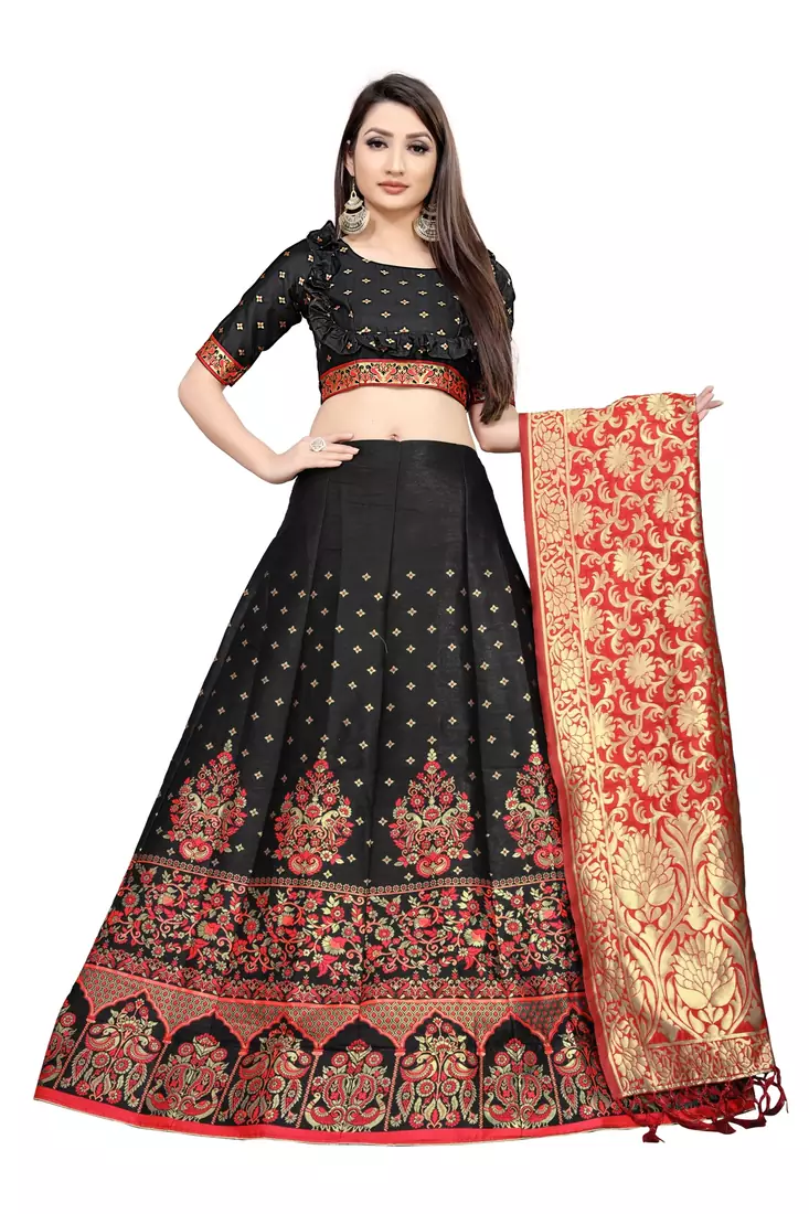Mameraa Black Jacquard Silk Semi-stitched Lehenga Choli