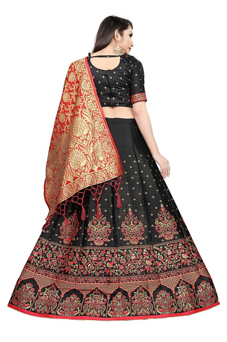 Mameraa Black Jacquard Silk Semi-stitched Lehenga Choli