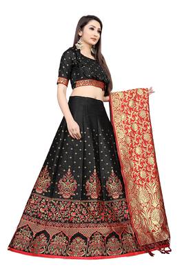 Mameraa Black Jacquard Silk Semi-stitched Lehenga Choli 3