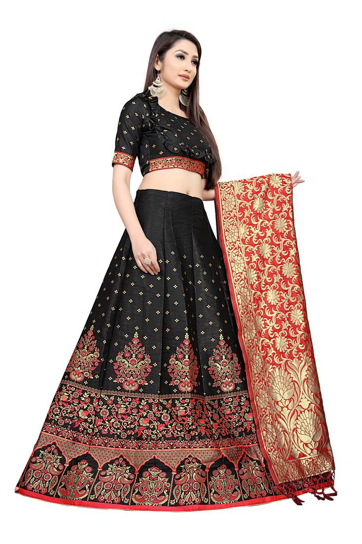 Mameraa Black Jacquard Silk Semi-stitched Lehenga Choli