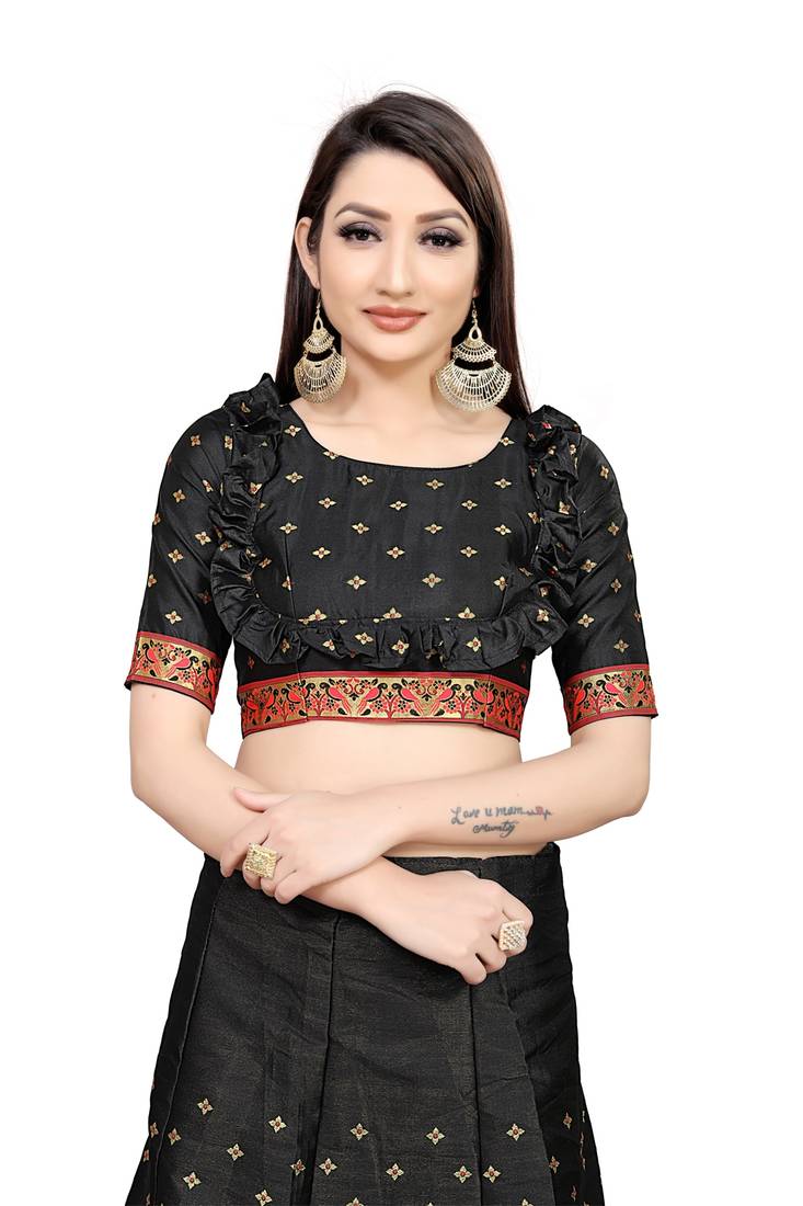 Mameraa Black Jacquard Silk Semi-stitched Lehenga Choli