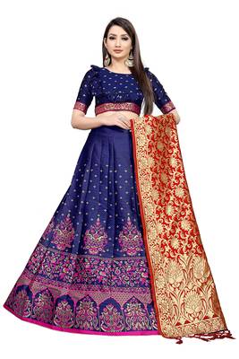 Mameraa Blue Jacquard Silk Semi-stitched Lehenga Choli 1