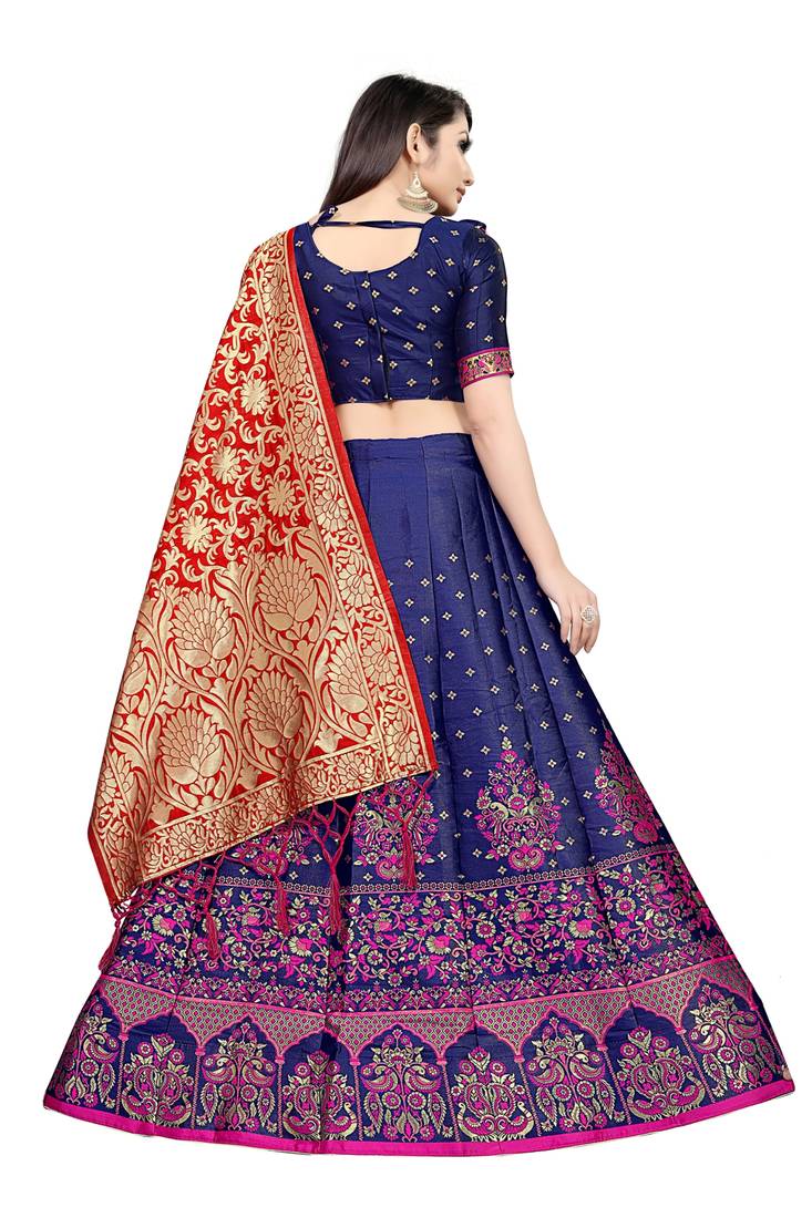 Mameraa Blue Jacquard Silk Semi-stitched Lehenga Choli