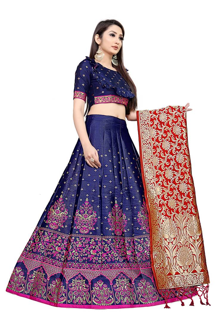 Mameraa Blue Jacquard Silk Semi-stitched Lehenga Choli