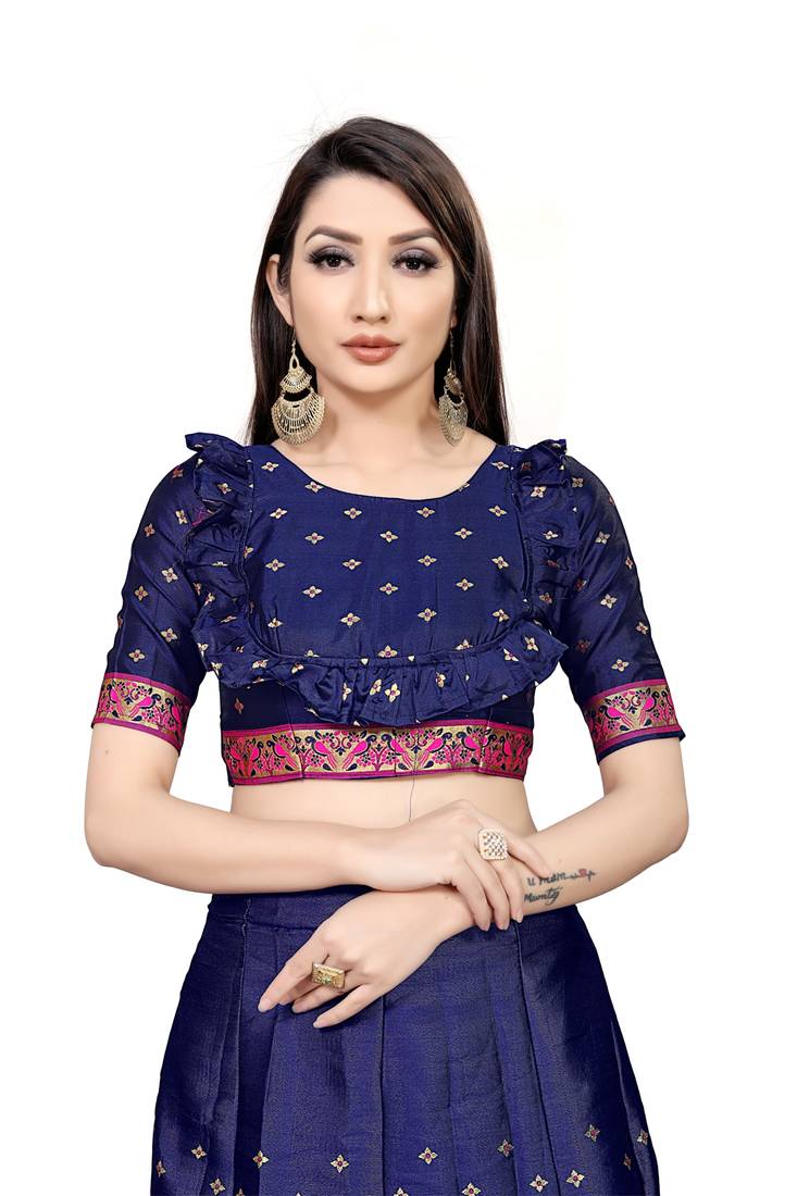 Mameraa Blue Jacquard Silk Semi-stitched Lehenga Choli