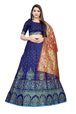 Mameraa Firozi Jacquard Silk Semi-stitched Lehenga Choli 1