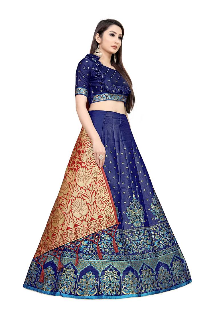 Mameraa Firozi Jacquard Silk Semi-stitched Lehenga Choli