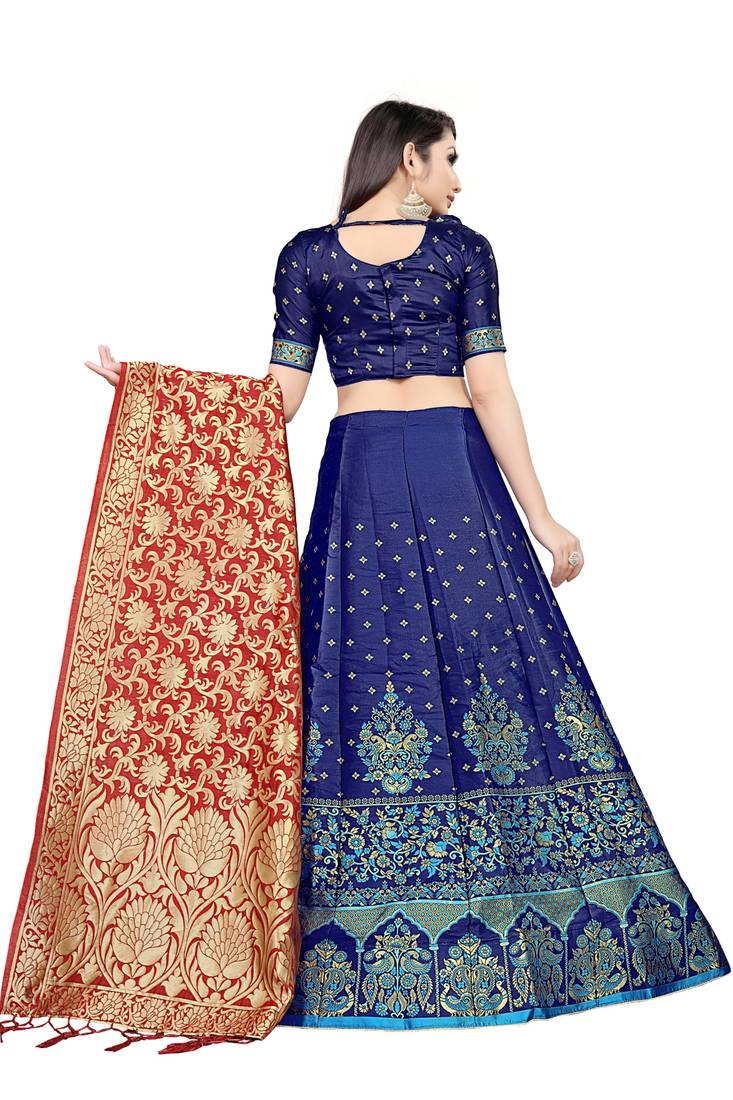 Mameraa Firozi Jacquard Silk Semi-stitched Lehenga Choli
