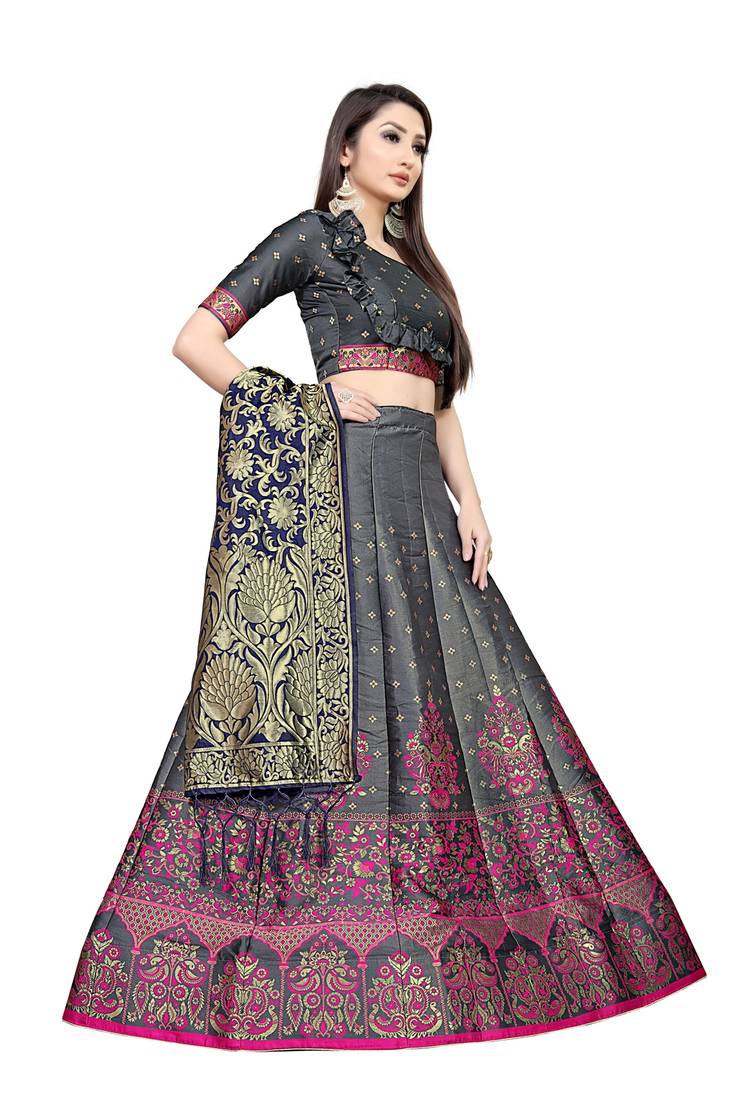 Mameraa Grey Jacquard Silk Semi-stitched Lehenga Choli