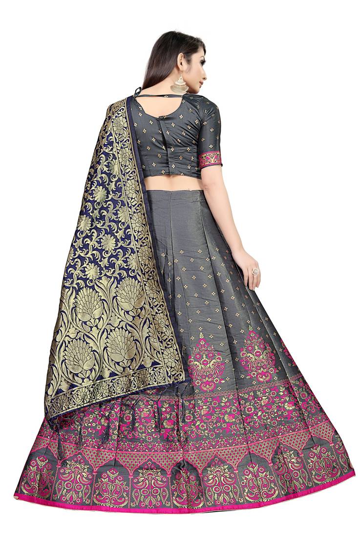 Mameraa Grey Jacquard Silk Semi-stitched Lehenga Choli