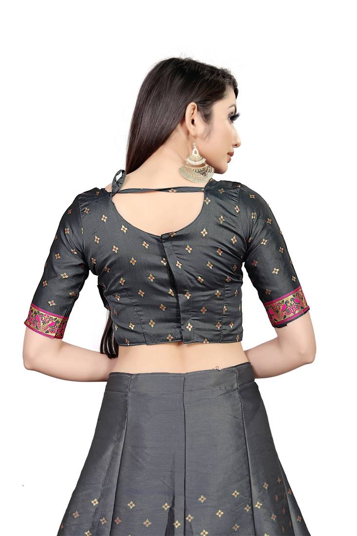 Mameraa Grey Jacquard Silk Semi-stitched Lehenga Choli