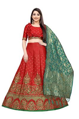 Mameraa Red Jacquard Silk Semi-stitched Lehenga Choli 1