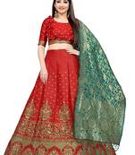 Mameraa Red Jacquard Silk Semi-stitched Lehenga Choli