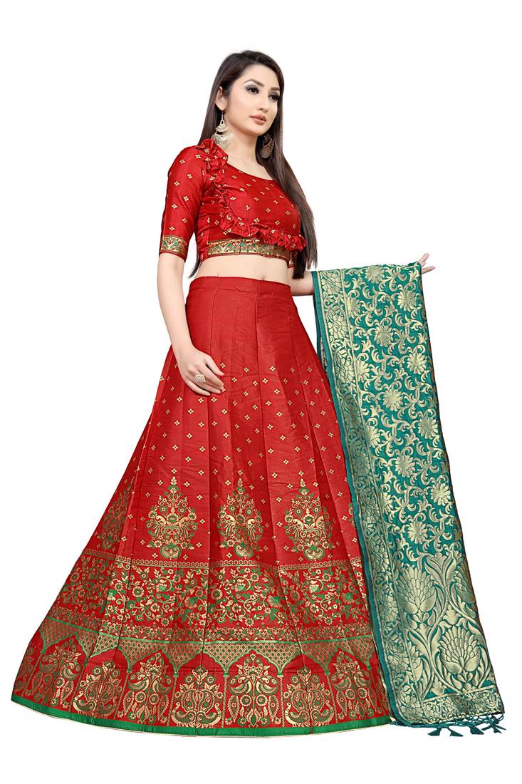 Mameraa Red Jacquard Silk Semi-stitched Lehenga Choli