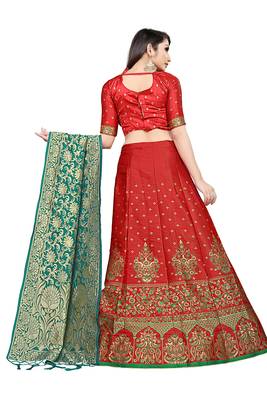 Mameraa Red Jacquard Silk Semi-stitched Lehenga Choli 3