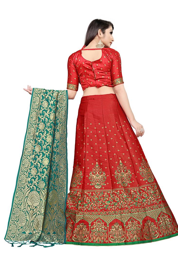Mameraa Red Jacquard Silk Semi-stitched Lehenga Choli