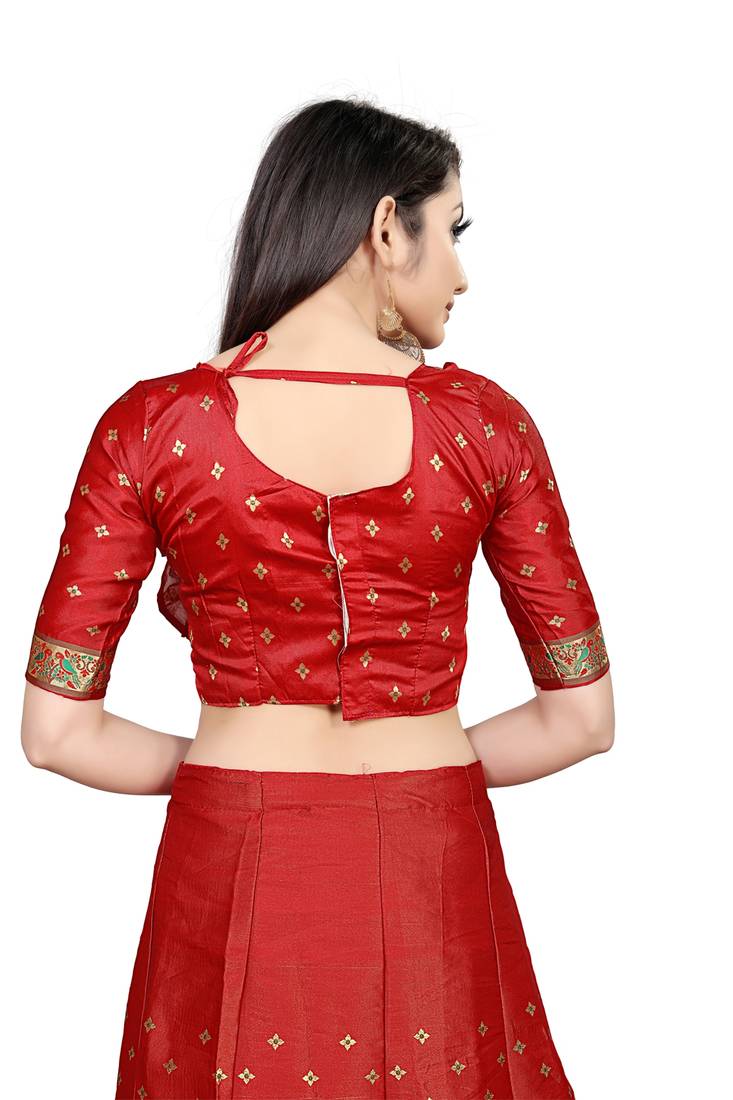 Mameraa Red Jacquard Silk Semi-stitched Lehenga Choli