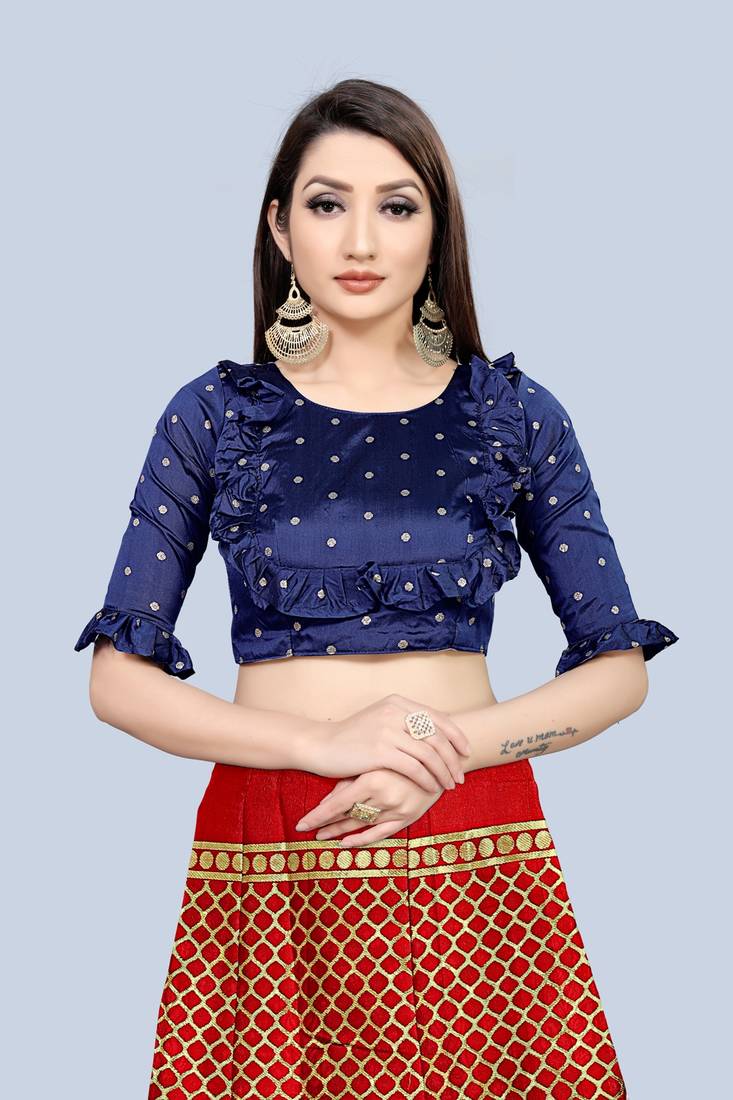 Mameraa Red Jacquard Silk Semi-stitched Lehenga Choli