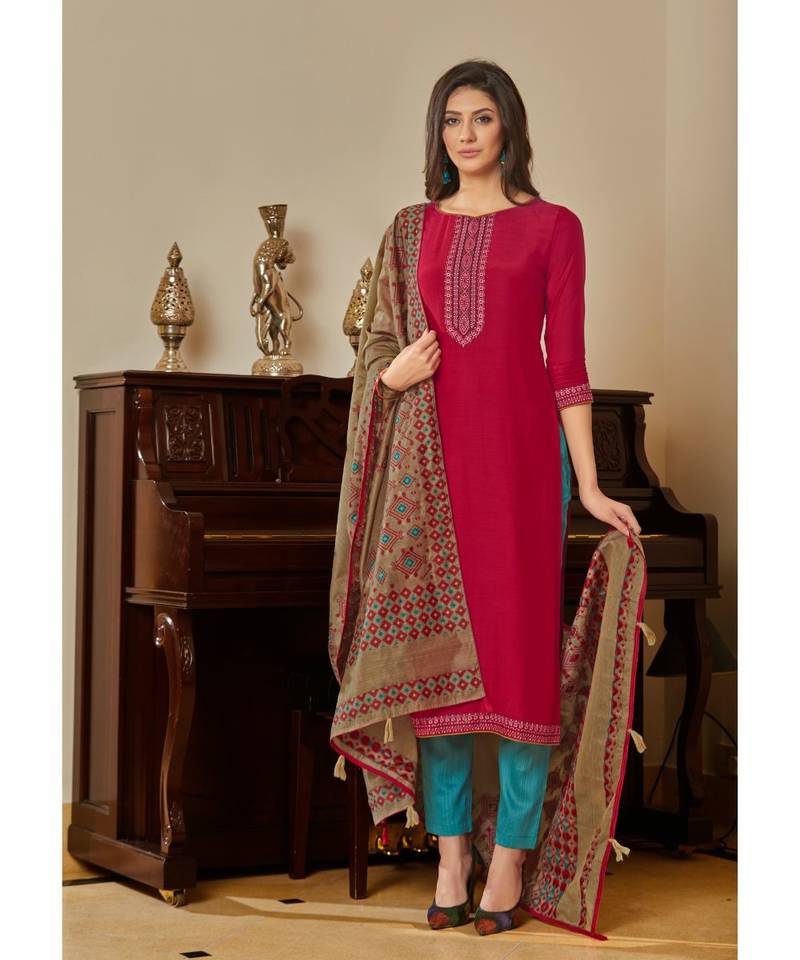 Embroidered Muslin Unstitched Suit With Dupatta main image 0
