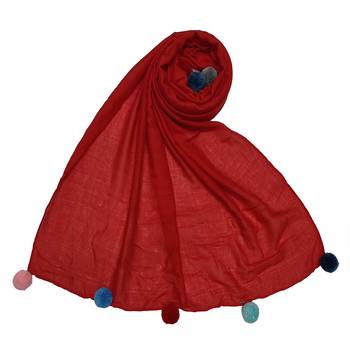 Cotton Stole With Colourful Fringe's - Red - Size - 75/185 CM 1