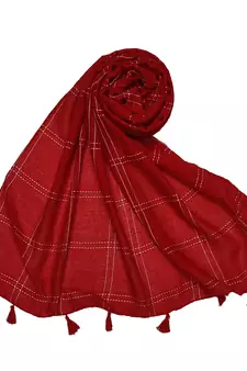 White Threaded Grid Hijab - Red - Size - 75/185 CM