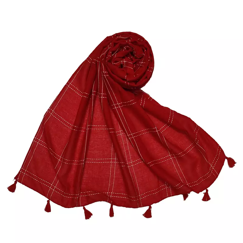 White Threaded Grid Hijab - Red - Size - 75/185 CM