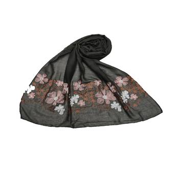 Self Emboidered  Flower Hijab - Dark Grey - Size - 75/185 CM 1