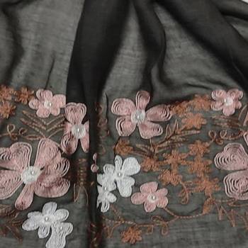 Self Emboidered  Flower Hijab - Dark Grey - Size - 75/185 CM 4