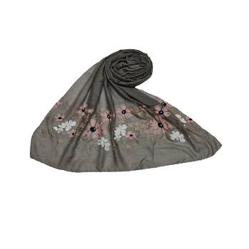 Self Emboidered  Flower Hijab - Grey - Size - 75/185 CM 1