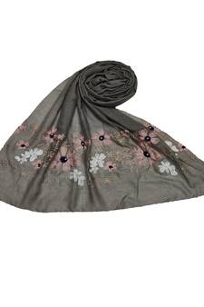 Self Emboidered  Flower Hijab - Grey - Size - 75/185 CM