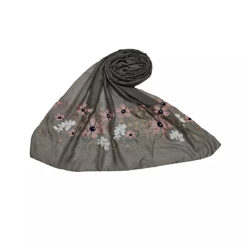 Self Emboidered  Flower Hijab - Grey - Size - 75/185 CM