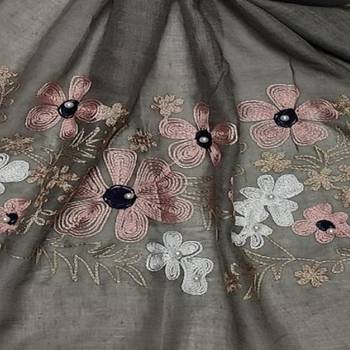 Self Emboidered  Flower Hijab - Grey - Size - 75/185 CM 4
