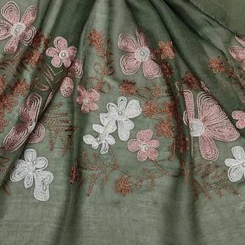Self Emboidered  Flower Hijab - Green - Size - 75/185 CM 4