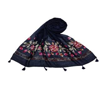 Self Emboidered  Flower Design With Fringe's - Dark Blue - Size - 75/185 CM 1