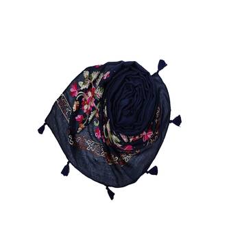 Self Emboidered  Flower Design With Fringe's - Dark Blue - Size - 75/185 CM 2