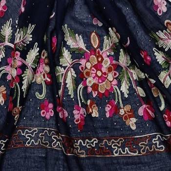 Self Emboidered  Flower Design With Fringe's - Dark Blue - Size - 75/185 CM 4