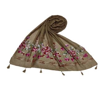 Self Emboidered  Flower Design With Fringe's - Brown - Size - 75/185 CM 1