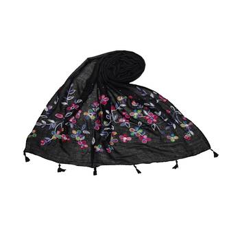 Self Emboidered  Flower Design With Fringe's - Black - Size - 75/185 CM 1